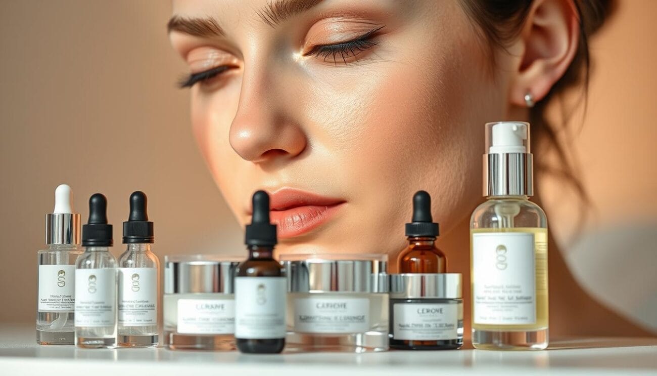 A close-up shot of a woman's face, showcasing a range of skincare products focused on addressing uneven skin tone. The foreground features serums, creams, and brightening essences in a minimalist, high-end aesthetic, arranged artfully on a clean, neutral background. The lighting is soft and diffused, creating a glowing, spa-like ambiance. The middle ground captures the woman's complexion, with subtle imperfections and discoloration visible, highlighting the need for targeted solutions. The background is blurred, keeping the focus on the skincare items and the skin itself. The overall mood is one of serene self-care, emphasizing the transformative power of specialized products for achieving more even, radiant skin.