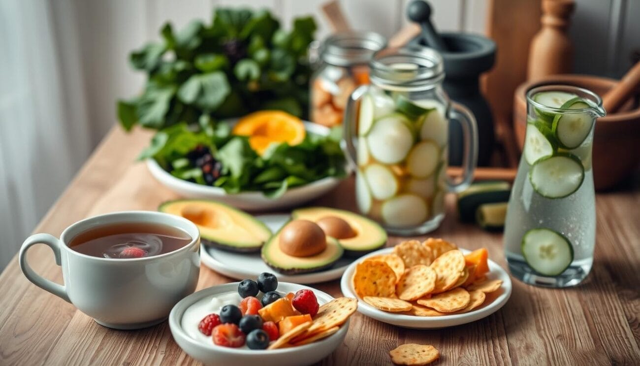 A cozy kitchen table showcasing an assortment of soothing digestive foods. In the foreground, a steaming mug of herbal tea, a bowl of probiotic-rich yogurt with fresh berries, and a plate of ginger-infused crackers. In the middle ground, a platter of sliced avocado, roasted sweet potato cubes, and a pitcher of refreshing cucumber-infused water. The background features leafy greens, a glass jar of fermented kimchi, and a mortar and pestle with soothing spices. The scene is bathed in warm, diffused lighting, creating a calming, comforting atmosphere. The overall presentation is visually appealing and inviting, reflecting the nourishing and restorative properties of these digestive-friendly foods.