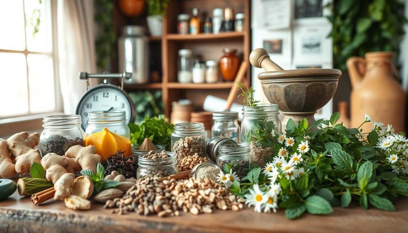 A cozy, well-lit natural setting with an assortment of herbal remedies for digestive comfort arranged on a wooden table. In the foreground, various herbs and spices such as ginger, peppermint, fennel, and chamomile are displayed in glass jars, dried bundles, and fresh sprigs. The middle ground features a vintage-style weighing scale, a mortar and pestle, and other herbal preparation tools. The background showcases a shelf or cabinet filled with additional natural remedies and wellness items, with soft, warm lighting illuminating the scene. The overall atmosphere conveys a sense of natural healing and holistic well-being.