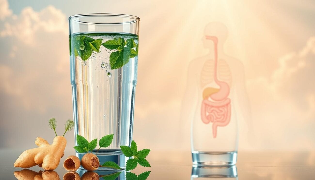 A crystalline glass of refreshing water, its surface gently rippled, reflecting a lush, verdant landscape. In the foreground, vibrant botanical illustrations of herbs and roots associated with digestive health - ginger, fennel, peppermint. The midground features a soothing, pastel-hued illustration of the human digestive system, its organs working in harmonious synergy. The background is a dreamlike, ethereal realm filled with soft clouds and rays of warm, golden light, conveying a sense of balance, renewal, and holistic wellbeing. The overall mood is one of tranquility, clarity, and a deep connection between hydration and the optimal functioning of the body's natural systems.