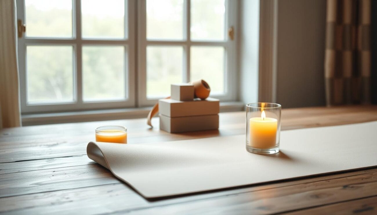 A serene still life showcasing the essential tools for a mindful yoga practice. In the foreground, an elegant yoga mat in a muted pastel tone rests upon a wooden surface, accompanied by a scented candle emitting a warm glow. Midground, a set of high-quality yoga blocks and a strap in complementary neutral tones are neatly arranged, conveying a sense of balance and harmony. In the background, a large window allows natural light to stream in, casting a soft, diffused illumination over the scene. The overall atmosphere is one of tranquility and intention, inviting the viewer to embark on a journey of self-reflection and well-being.