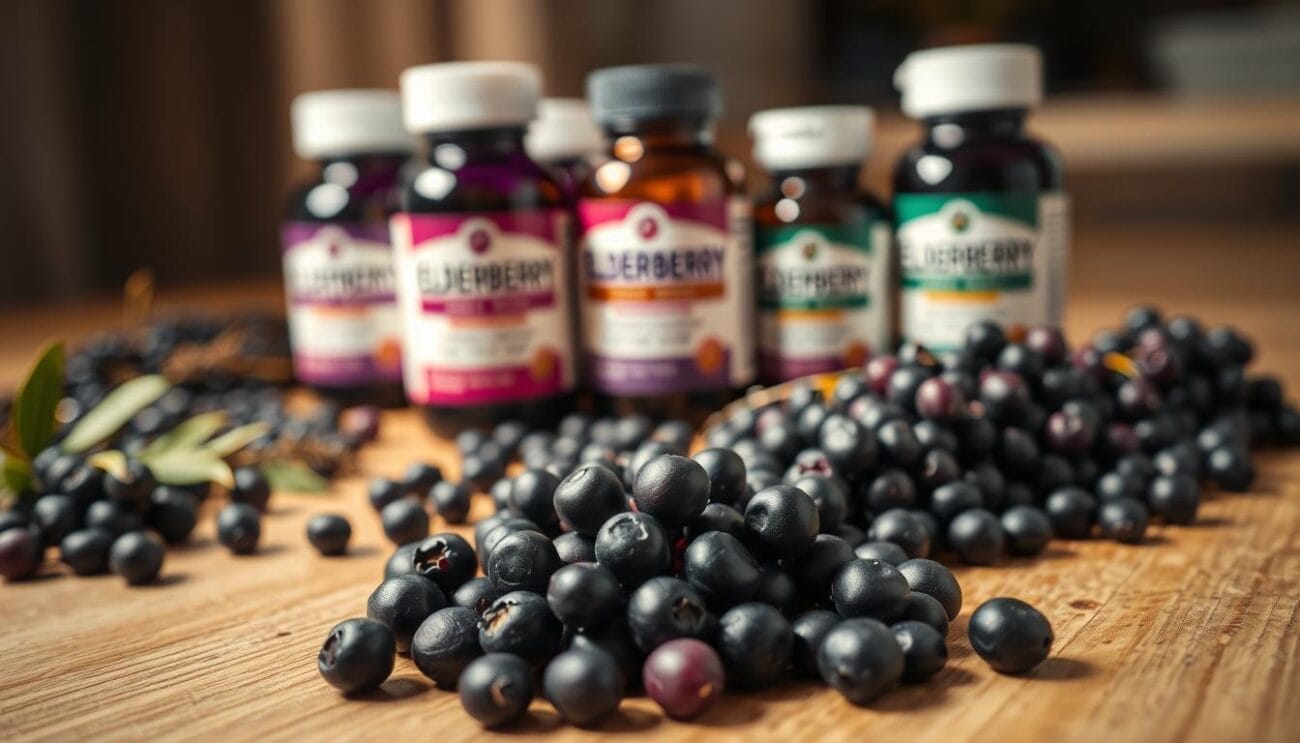 A well-lit, close-up still life capturing a collection of elderberry dietary supplements. In the foreground, an assortment of dark purple elderberries, fresh and dried, arranged neatly on a natural wood surface. In the middle ground, several bottles and capsules of elderberry extract supplements, their labels clearly visible. A soft, warm lighting illuminates the scene, casting subtle shadows and highlighting the vibrant colors of the berries. The background is blurred, creating a sense of focus on the central elements. The overall mood is one of natural remedies and wellness, inviting the viewer to consider the potential benefits of these antioxidant-rich elderberry supplements.